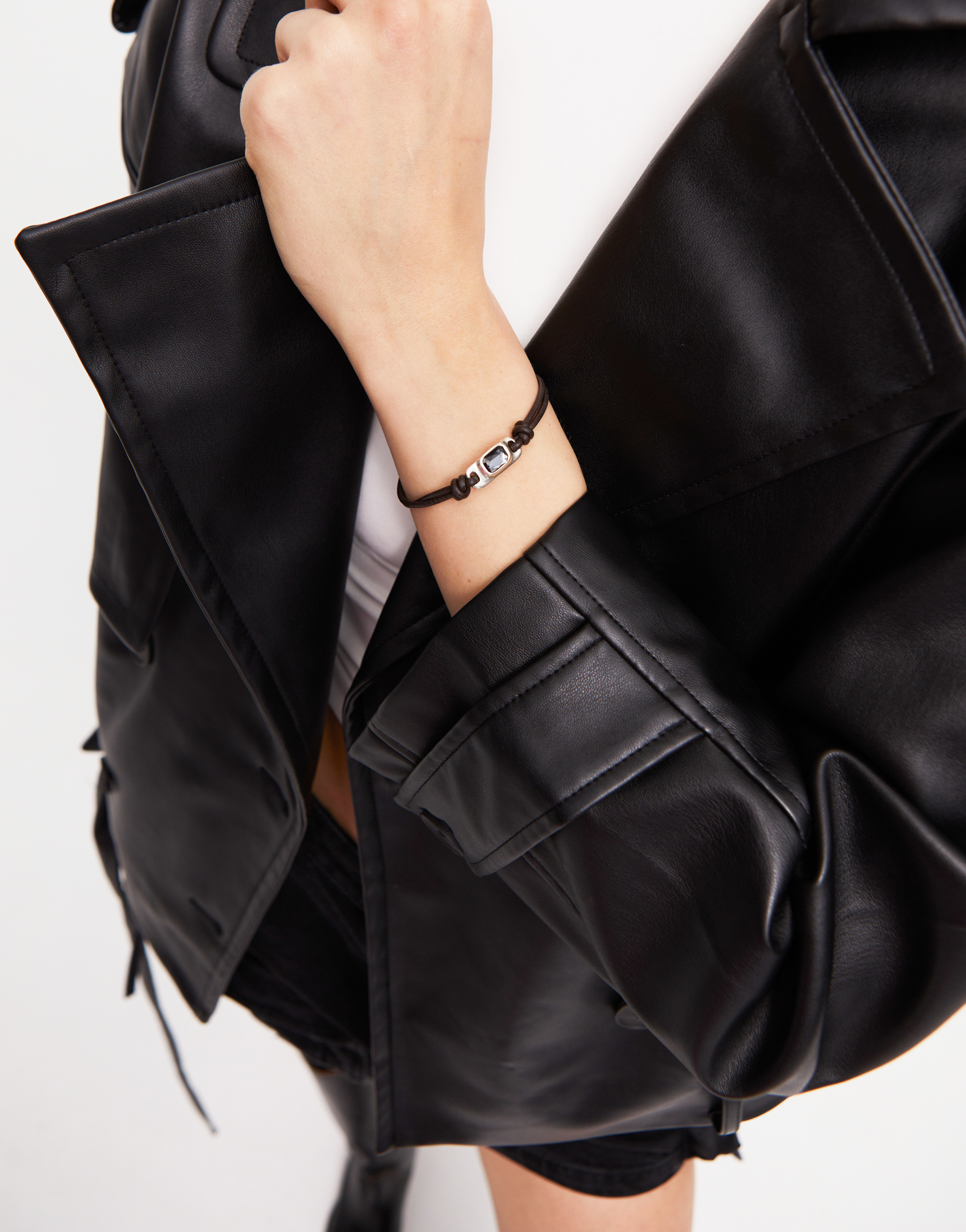 Leather bracelet with a gray crystal, Silver, large thumbnail